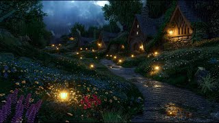 Hobbit Village Ambience🌙Night Rain & Thunders Sounds, Calming Nature Sounds, Wind Chimes, Crickets