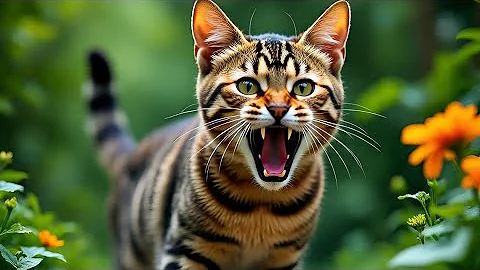 Watch the video about Aggressive Toyger Cat Hissing Violently in Garden | Angry Cat Sound | Full Body Wild Behavior