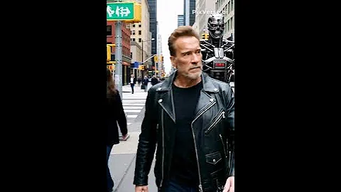 Arnold Schwarzenegger walking around New York in with the Terminator