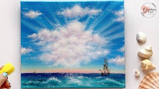 Quick and Easy Trick to paint CLOUDS / Clouds near Ocean Acrylic Painting for Beginners.