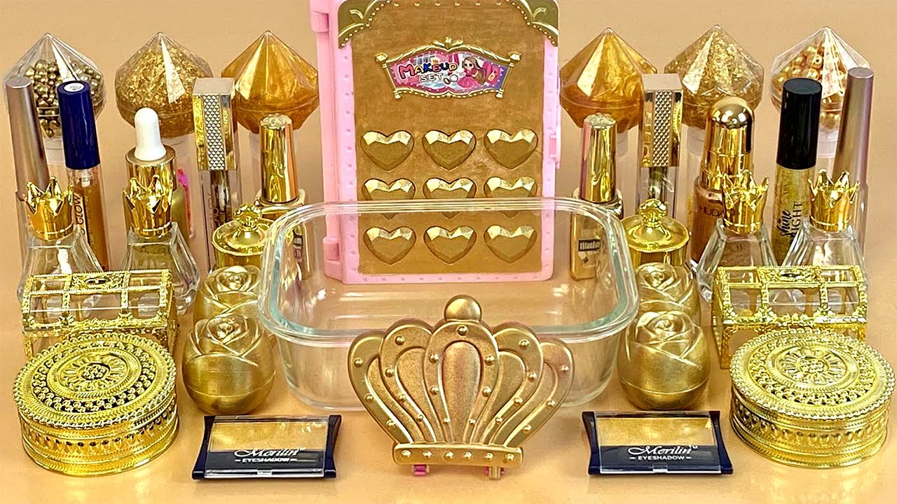 ASMR Slime Mixing ”GOLD” 💛💦💤 makeup, Eyeshadow, glitter into slime. Satisfying slime video.