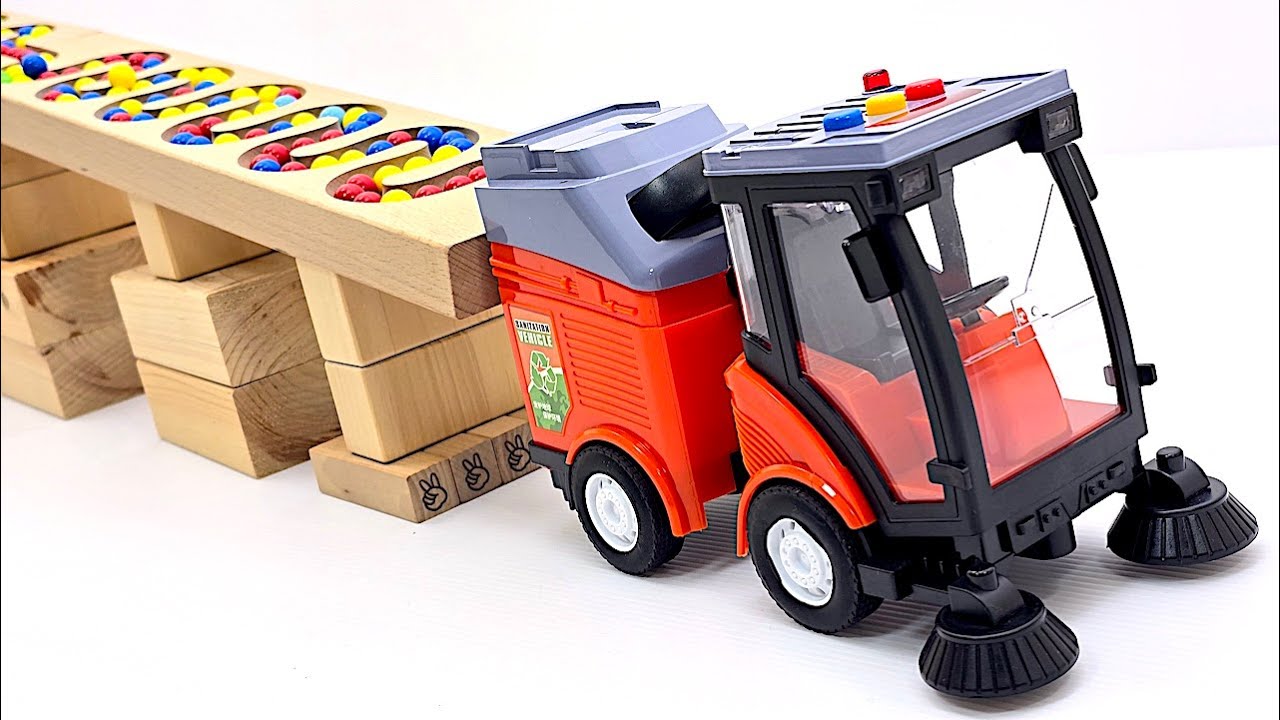 Quiet Toy Vehicle ASMR on a Wooden Marble Track | Street Sweeper, Monster Truck & Pickup