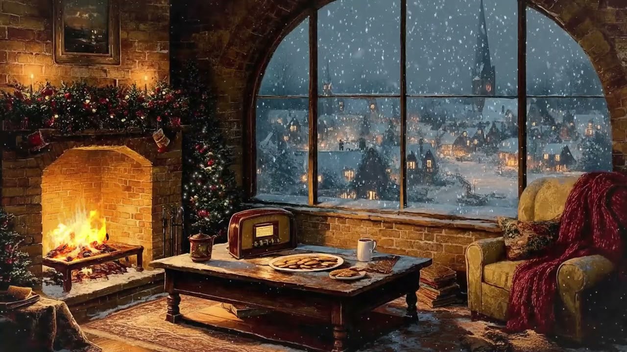 Cozy 1950s Snowy Winter Night | Oldies Playing Nearby | Vintage Fireplace Glow Warm Memories Fade...