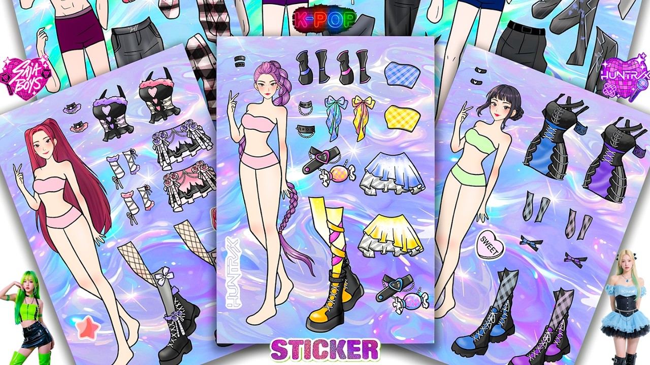 Oddly Satisfying ASMR Sticker Book K-Pop Demon Hunters Rockstar Corset & Edgy Ribbon Style Paper DIY