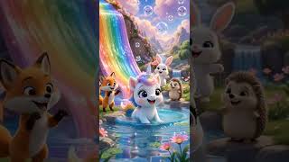 tiny baby unicorn with a sparkling crystal horn sliding down a glowing rainbow waterfall
