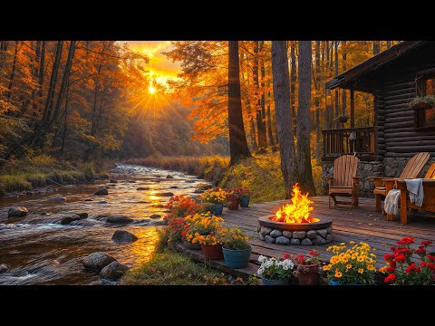 Peaceful Autumn Morning Porch In The Forest Crackling Fire Flowing Water Sounds For Relaxation
