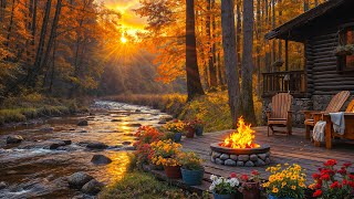 Peaceful Autumn Morning Porch in the Forest 🍂🌞 Crackling Fire & Flowing Water Sounds for Relaxation