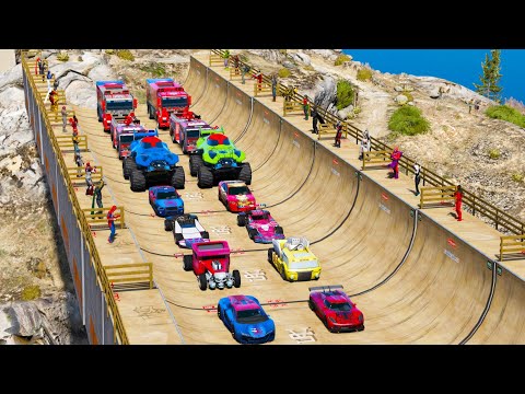 GTA V New Super Epic Mega Ramp Challenge Heroes and Sport Cars !
