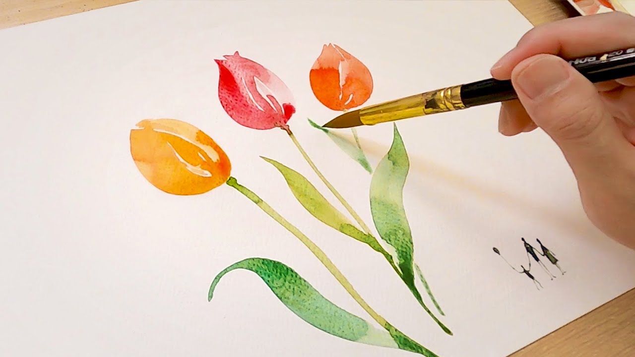 How to Paint Tulips / Watercolor Painting / Drawing a Butterfly ...