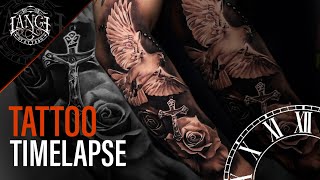 Tattoo Timelapse: Realism in Black and gray – Dove, roses and cross, Classic tattoo