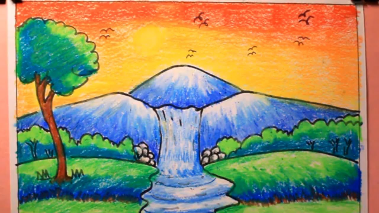 How TO Draw easy scenery drawing/draw waterfall with oil pastel ...