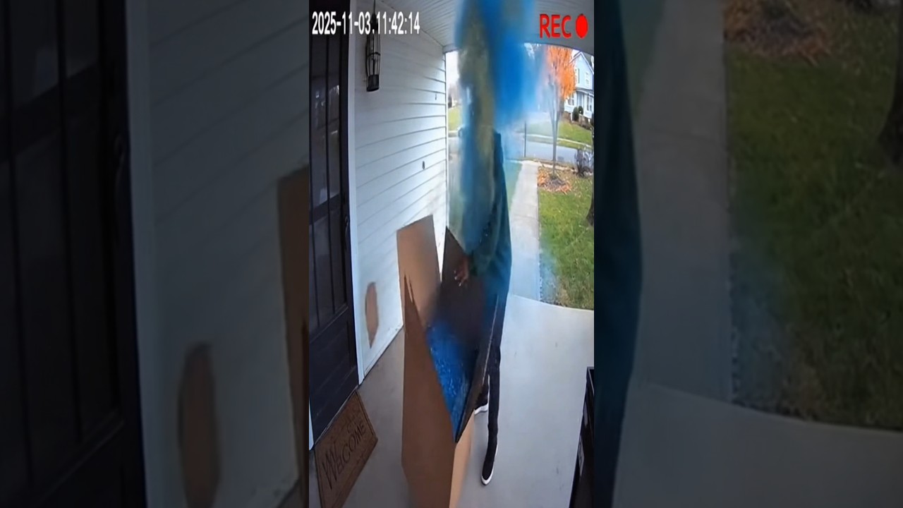 Blue Glitter Bomb Explodes on Package Thief | Caught on CCTV