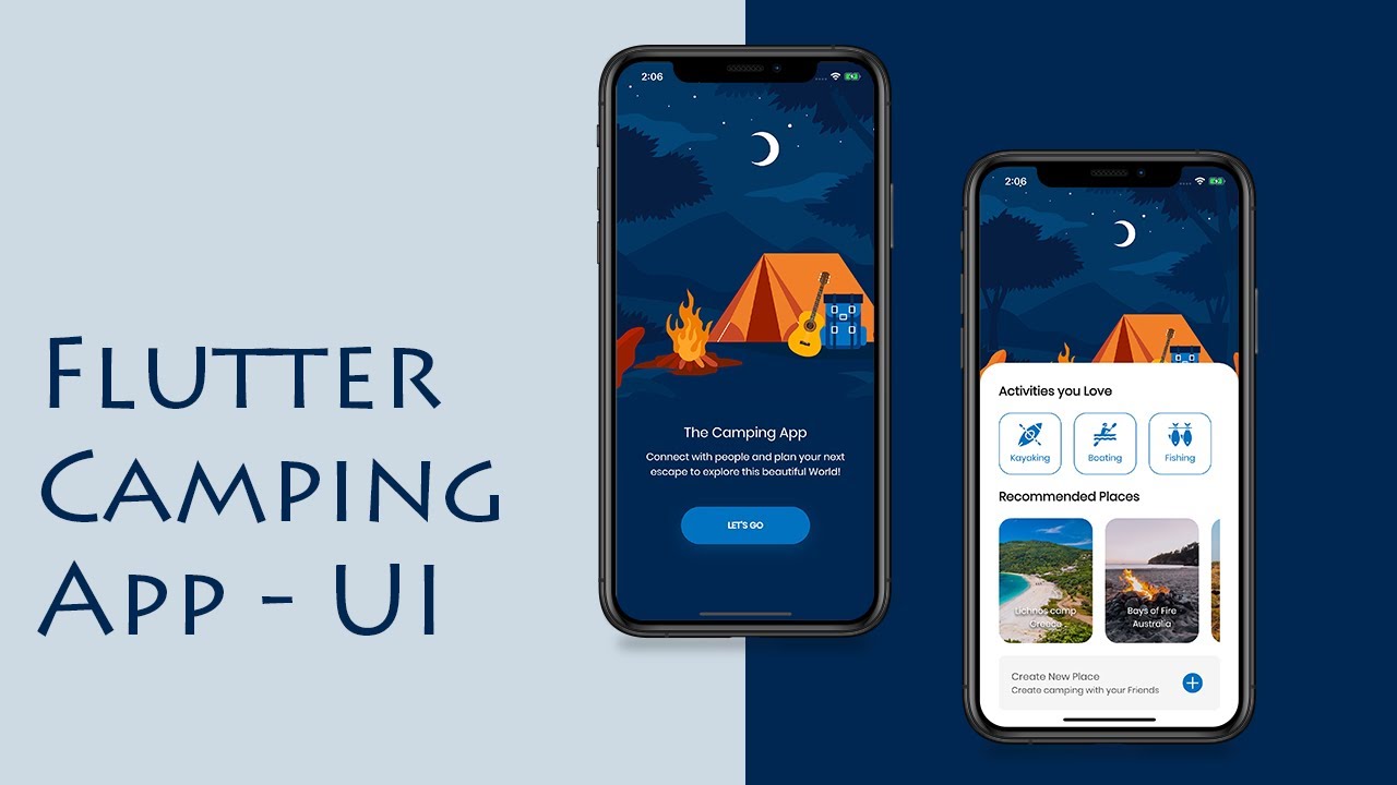 Camp приложение. Приложение для кемпинга. Flutter UI. Brant Camp UI. Flutter code Phone poster jpg.