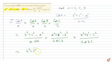 If in a triangle `ABC` a,b,c are roots of the equation `x^3 - 11 x^2 + 38 x - 40 = 0` then `sum...