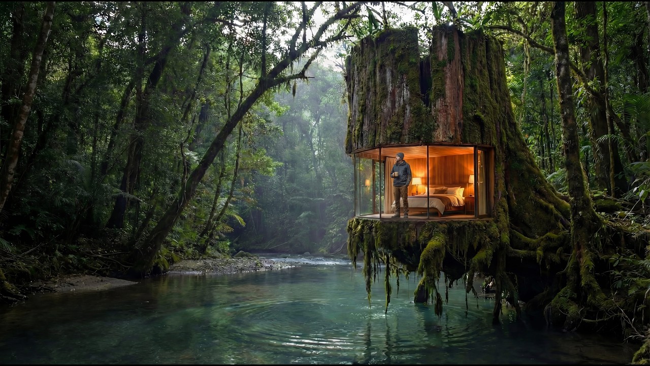 One Man Turns a Massive Tree Into a Hidden Riverside Cabin (ASMR)