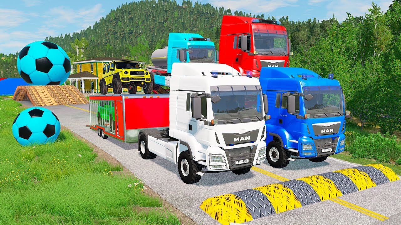 Double Flatbed Trailer Truck vs Speedbumps Train vs Cars | Tractor vs Train Beamng.Drive 077