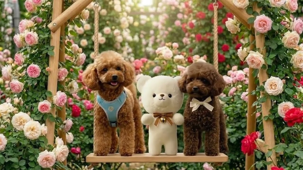 可愛いトイプードルと仲間達💐薔薇園のブランコ🌹Cute toy poodles and