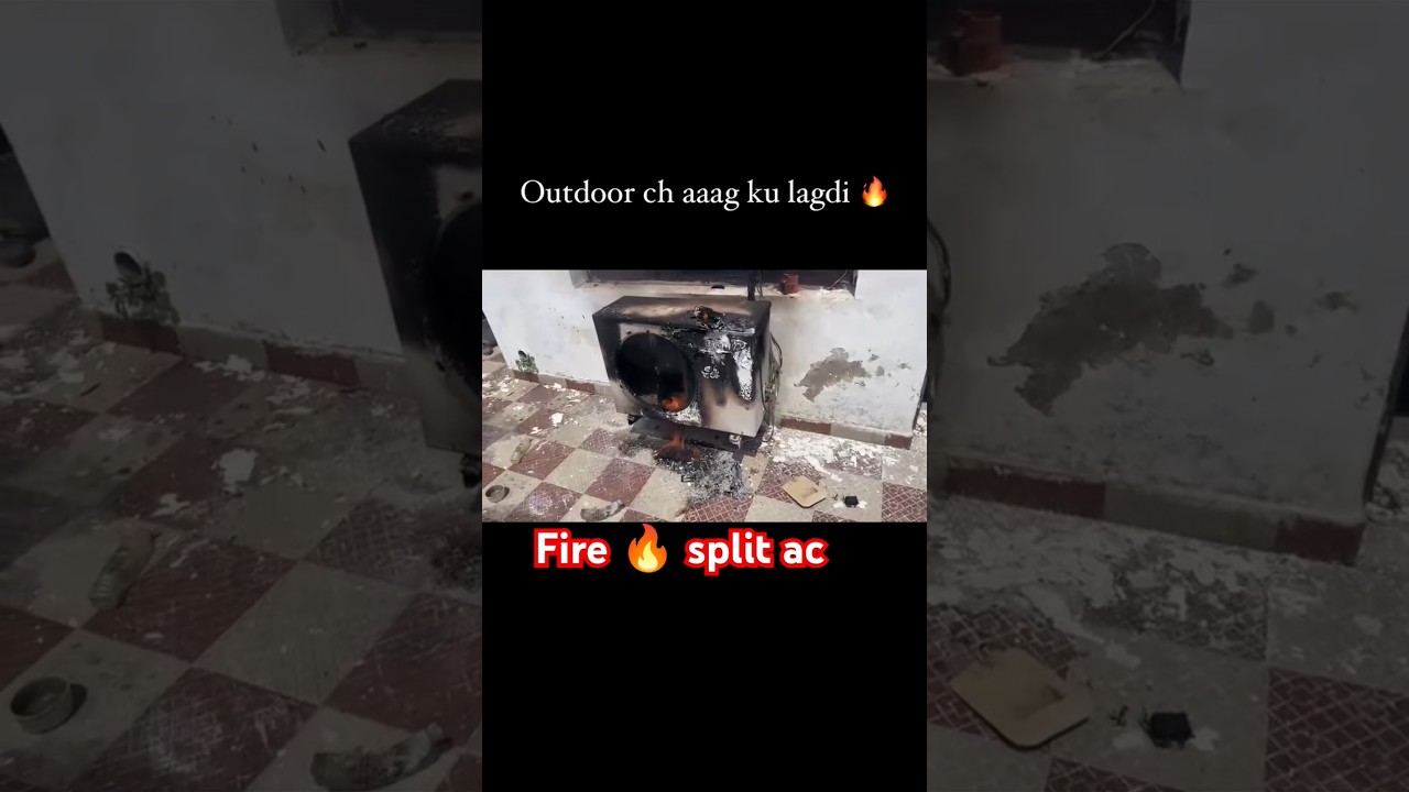 Fire split ac outdoor unit and indoor HVAC technician work some wrong