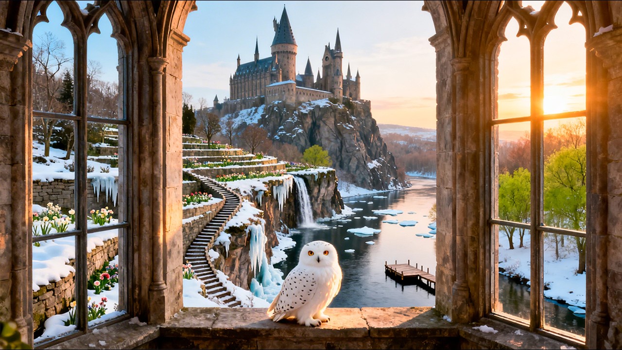 Hogwarts Blooming Terrace Window View ❄️🌿 Calm Winter-to-Spring Atmosphere & Wizard Music