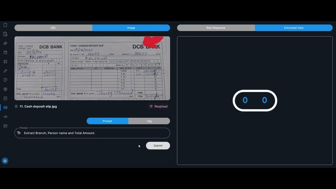 Data extraction from CASH DEPOSIT SLIP
