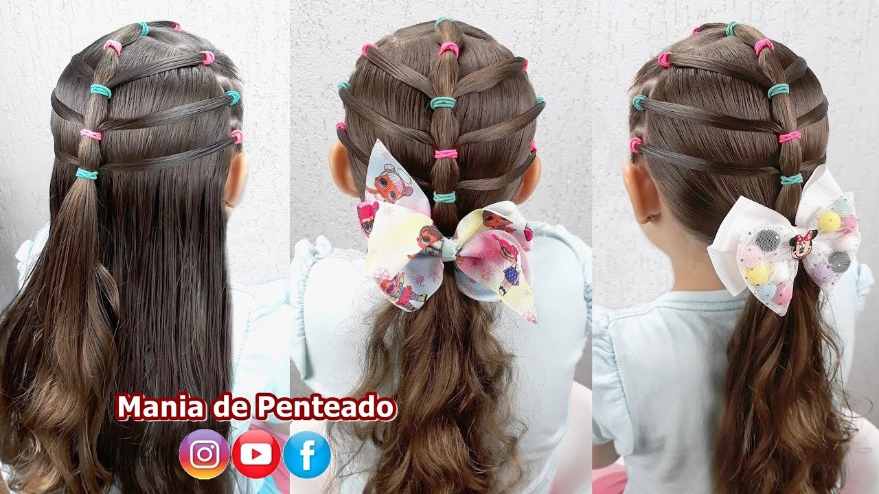 Penteado Infantil Fácil com Ligas e Cabelo Solto, Quick & Easy Hairstyle  with Elastics for Girls