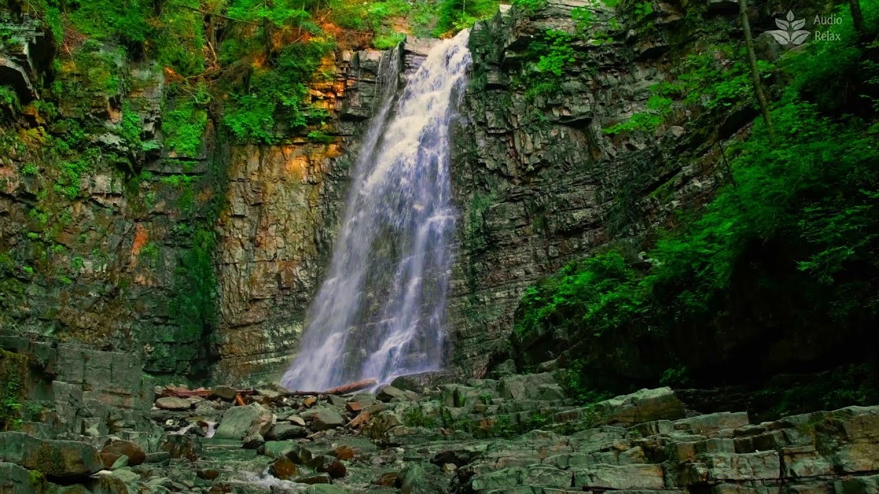 Waterfall flowing over rocks (10 hours) White noise River. Calming flowing water.
