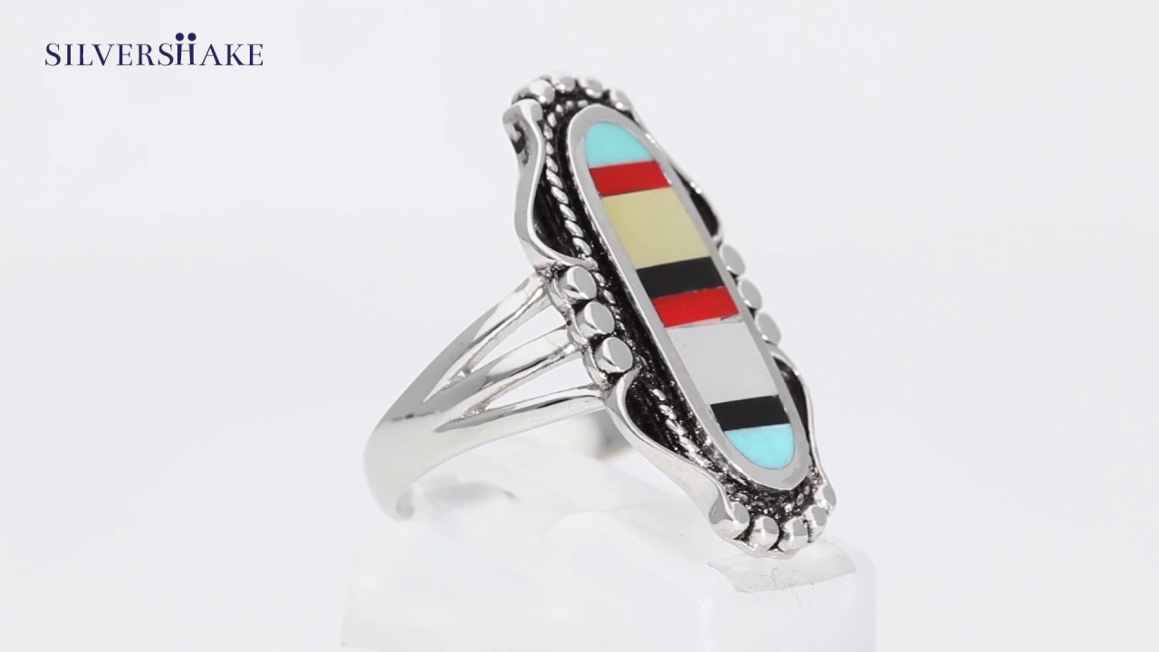 Mother Of Pearl, Created Turquoise, Onyx & Coral Inlay 925 Sterling ...