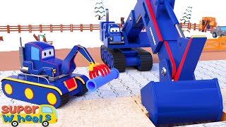 Transformer Team clean the road -Excavator,dump truck,stone crusher truck and drillingTruck for Kids