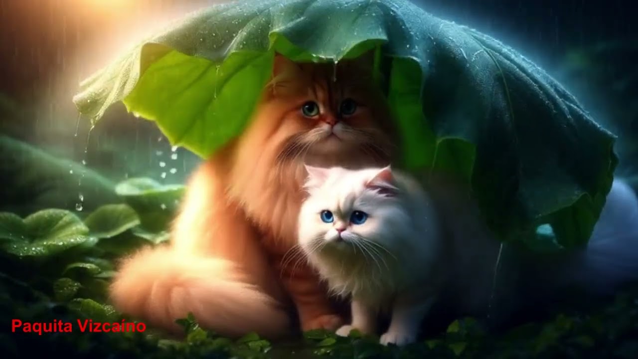 Dos gatos enamorados bajo la lluvia