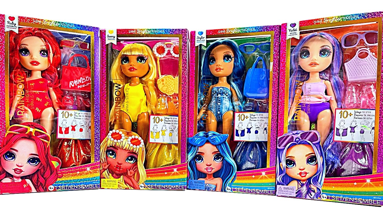 ASMR Unboxing Rainbow High Swim Ruby Sunny Violet Skyler 4 Dolls to Open No Talking Oddly Satisfying