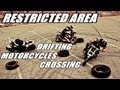 Restricted area  drifting motorcycles crossing  switch riders gymkhana