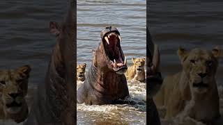 Lions vs Hippo: The Giant Awakes! 🦁🦛 #shorts #wildlife #hippo