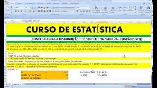 Distribuição T Student ESTATÍSTICA Graus liberdade Caudas Intervalo confiança Cálculo Excel Planilha