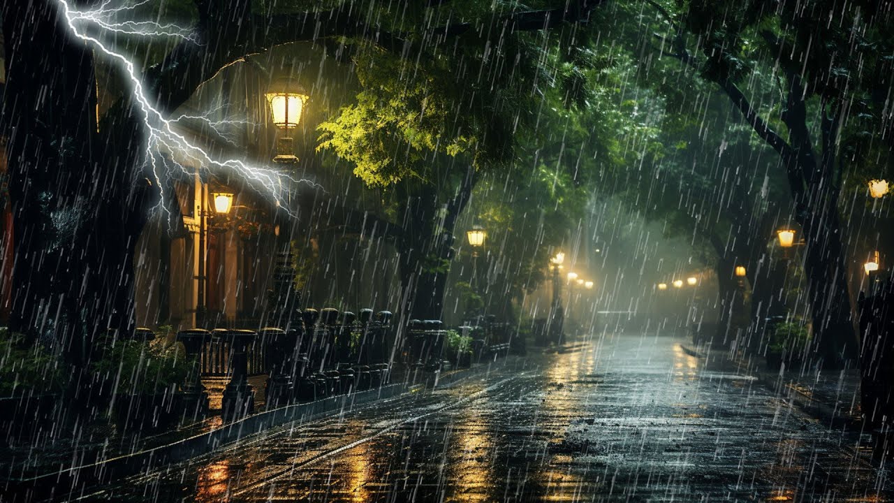 Sonido de lluvia y truenos en carretera durante por la noche sin nadie ...
