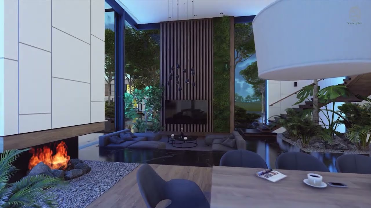 Modern cozy interior with living, dining zone, stair and kitchen in night
