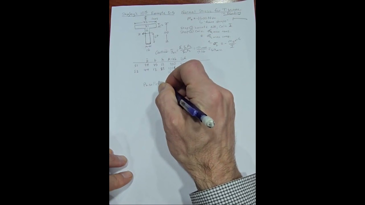 Shigley's Example 3-5 T-beam Centroid, Moment of Inertia (Parallel Axis), Tabular Method, Stress