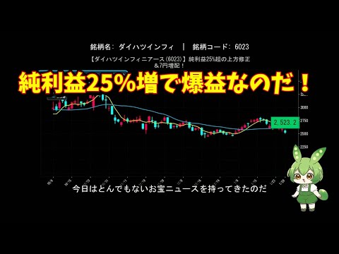 【ダイハツインフィニアース(6023)】純利益25%超の上方修正＆7円増配！