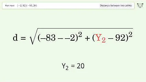 Find the distance between two points p1 (-2,92) and p2 (-83,20): Step-by-Step Video Solution