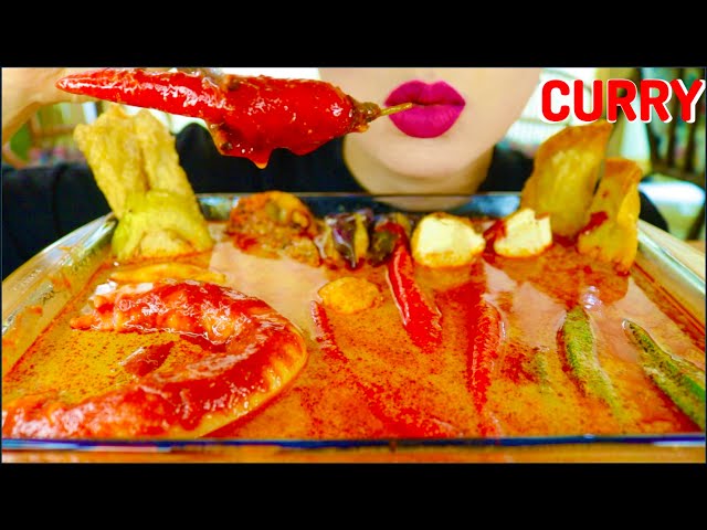 ASMR SPICY CURRY SOUP, THICK NOODLES, STUFFED VEGGIES, DUMPLINGS, TOFU, YONG TAU FU MALAYSIA 咀嚼音 먹방