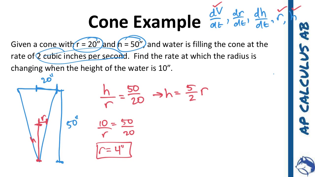 Calc AB Section 2-6 Related Rates in a Cone - YouTube