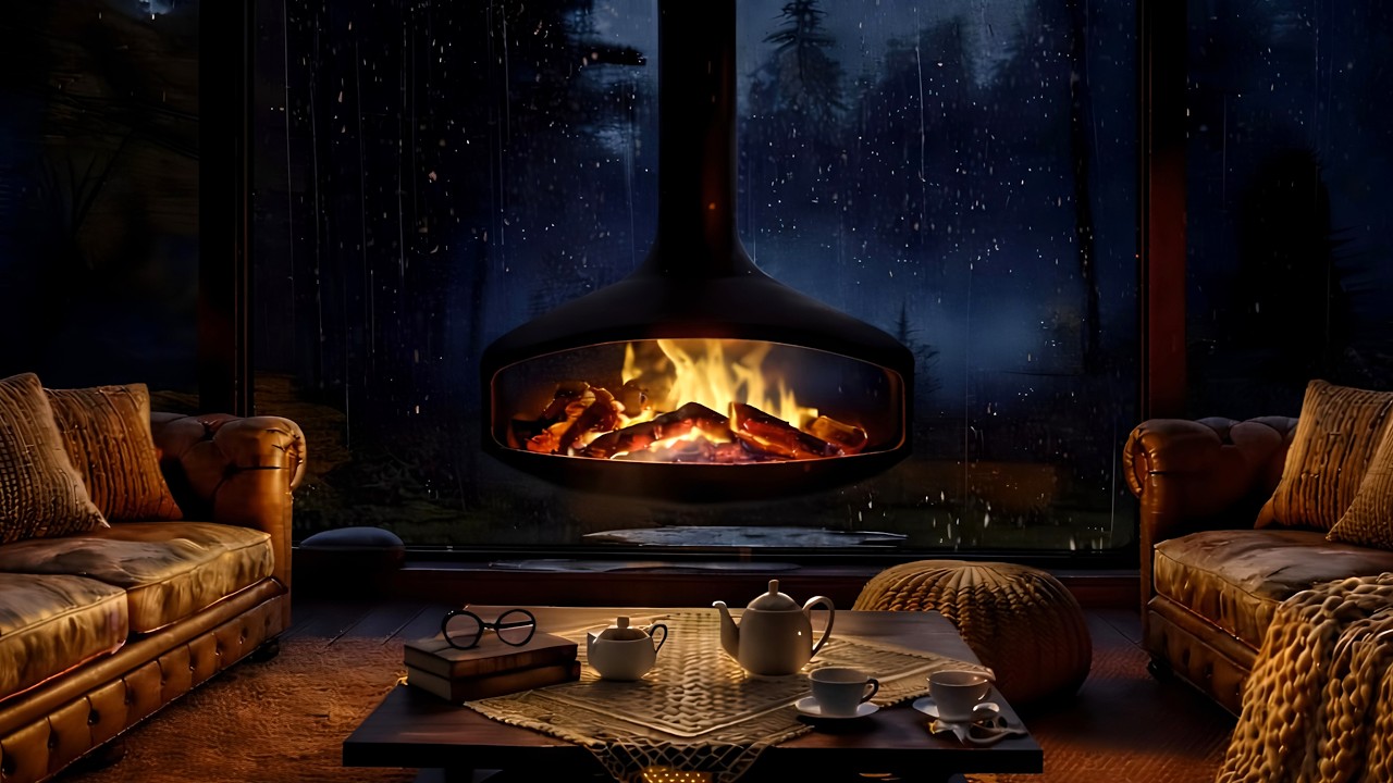 Cabaña de Cristal en el Bosque: Lluvia, Fuego y Té para Aliviar el Estrés
