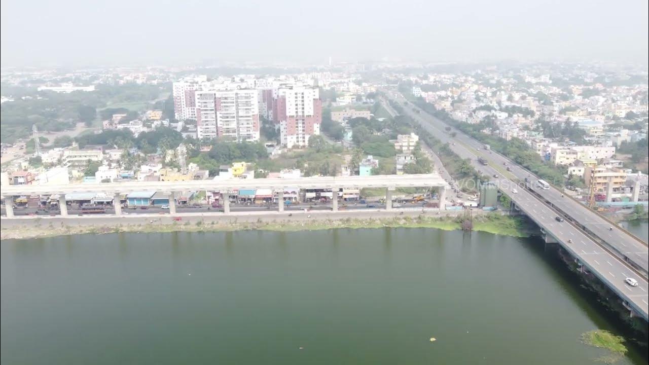 Aerial view of Chennai metro phase 2 line 4 work near Porur Sri