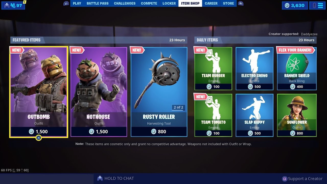 Fortnite Gutbomb,Hothouse Skin RustyRoller,Grillcount Pickaxe Team Burger,Tomato Emote