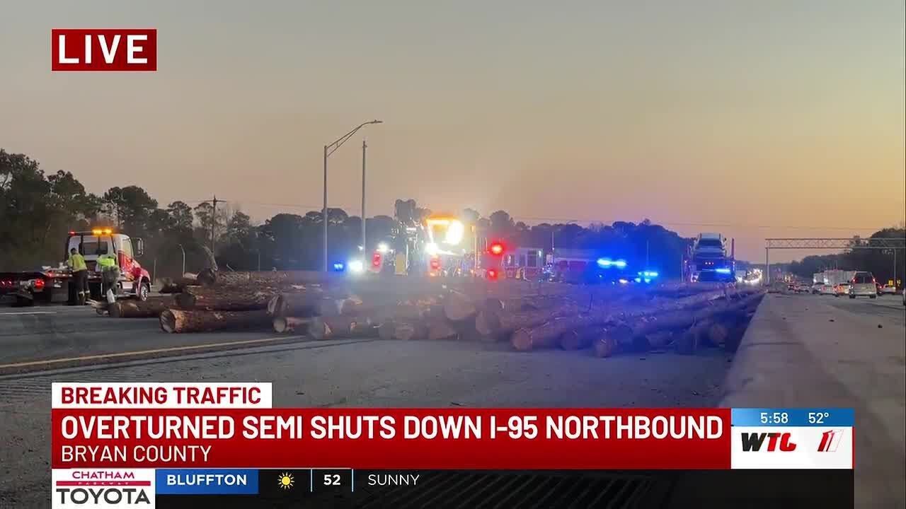 Overturned semi-truck crash on I-95 northbound closes all lanes - YouTube