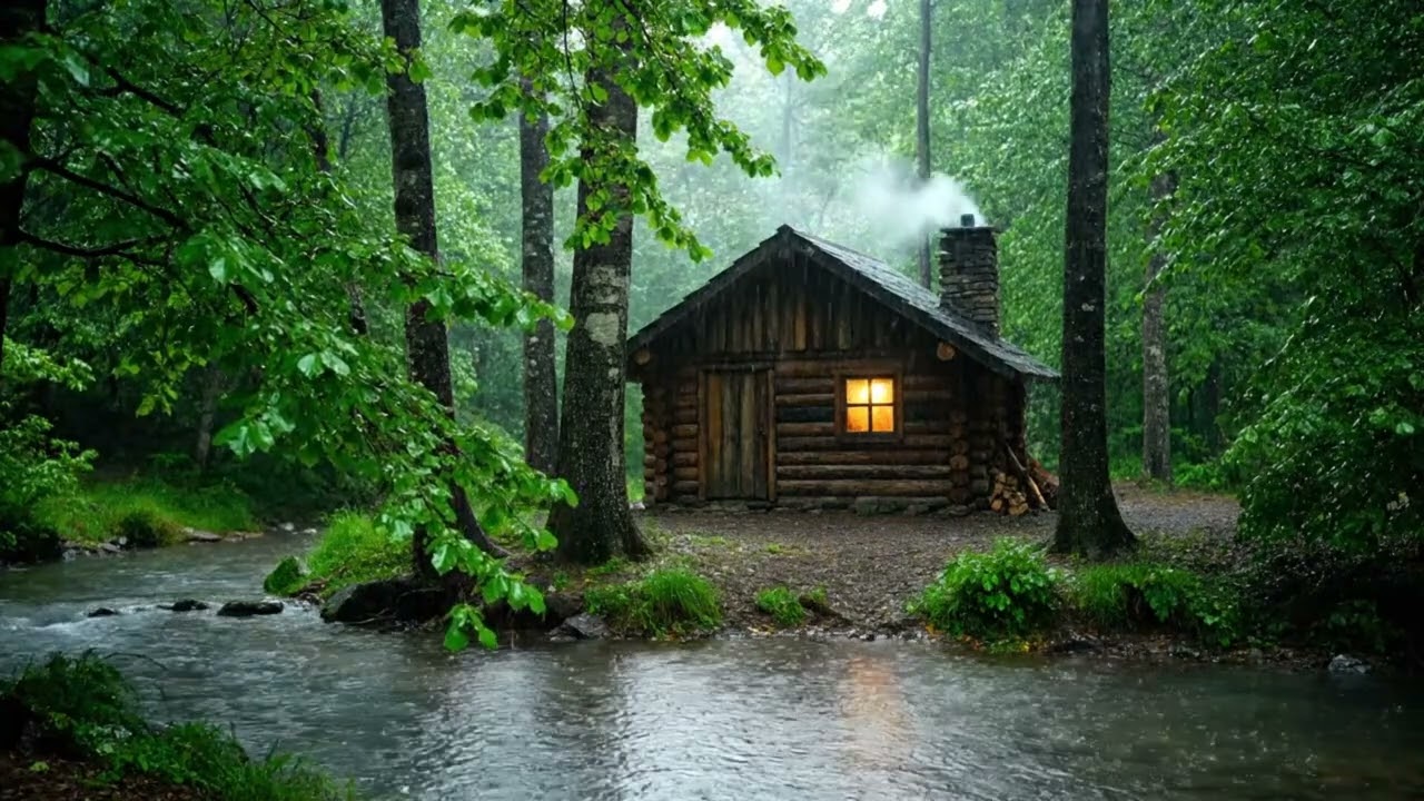 Rain and River Sounds for Deep Sleep 🌧️ Peaceful Forest Cabin (1 Hour)