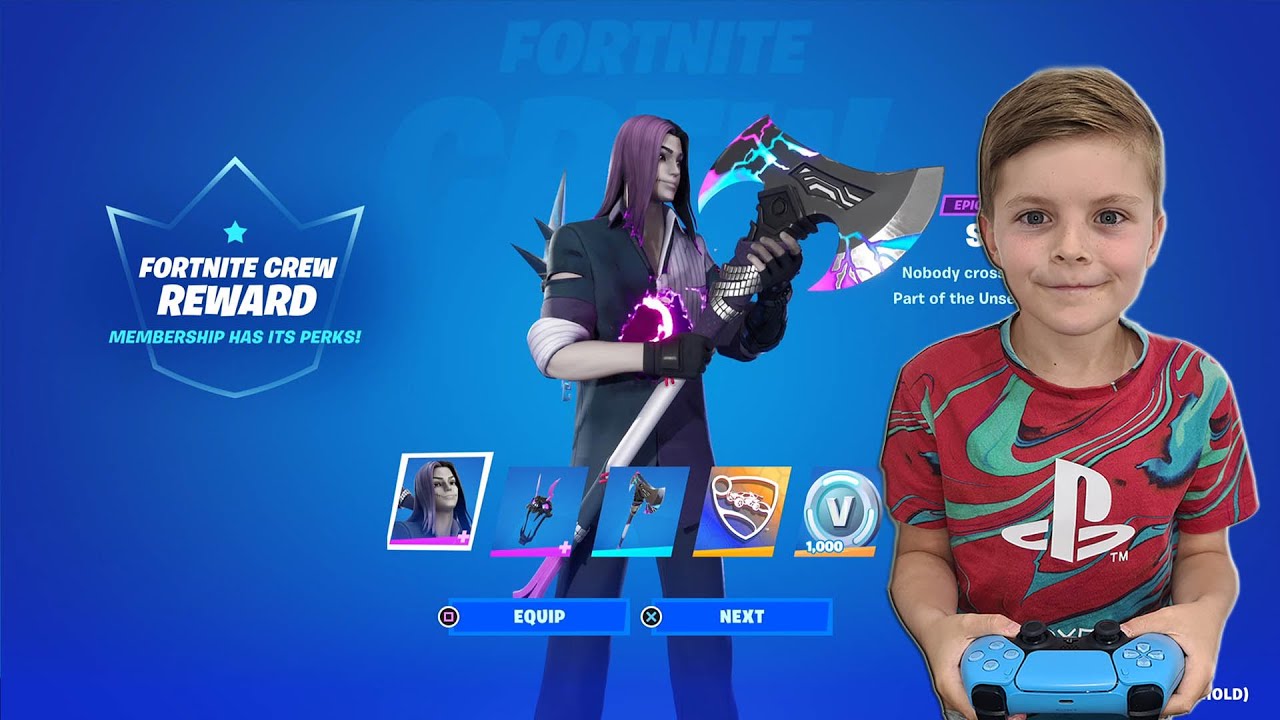 Giving My 9 Year Old Kid NEW Fortnite Crew Pack Skin STYX With FREE Fortnite V-Bucks & MORE