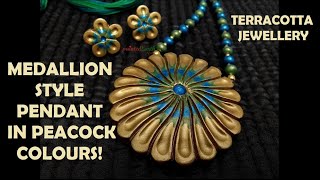 Medallion style pendant in Peacock colours | Floral | #paintedearthbyneha #terracottajewellery