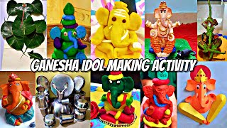 Ganpati idol making activity | How to make Ganesha with shadu clay, utensils, leaf | Ganpati drawing