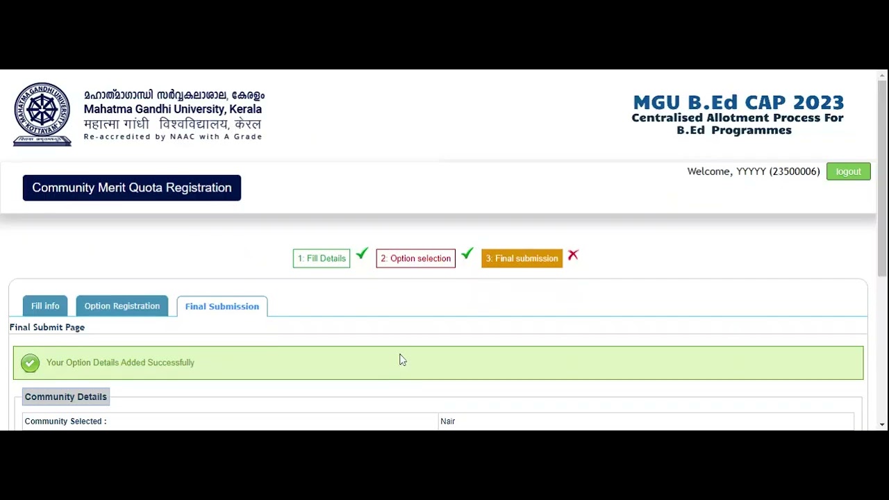 MGU B Ed CAP 2023 Procedure for online registration to Community