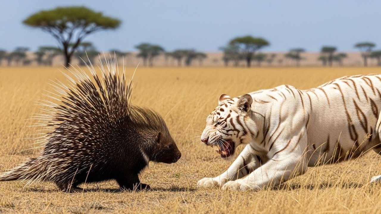 Porcupine 🦔 vs White Tiger 🐆 | Fang vs Quill | Real Wild Battle 4K | Epic Animal Clash